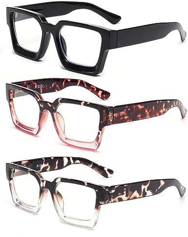 JM 3 Pack Occhiali da Lettura Quadrati, Occhiali da Vista Anti Luce Blu per Donna Uomo Cerniera a Molla +2.5