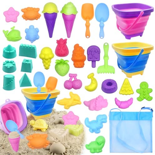 HOVIBU Strand Sandspielzeug für Kinder, 35 Stück Strandspielzeug Set mit Sandschaufel, Faltbares Eimer, Sandformen, Netzbeutel Strand, Sandkasten Spielzeug Geschenke für 3+ Jahre Mädchen Junge