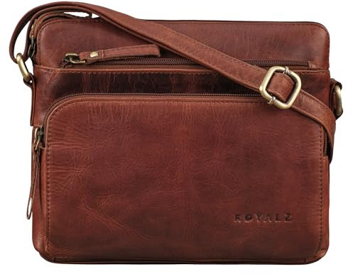 ROYALZ Vintage Leder Handtasche Damen Echtleder 'North Carolina' stilvolle Ledertasche zum Umhängen Schultertasche mit Platz für Smartphone 9.7 Zoll iPad und mehr, Farbe:Roma Cognac Braun