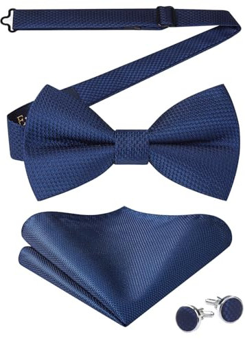 Enlision Dunkelblaue Fliege Herren Vorgebundene Fliegen und Einstecktuch mit Manschettenknöpfe Set Einfarbig Einstellbar Fliege für Hochzeit Business