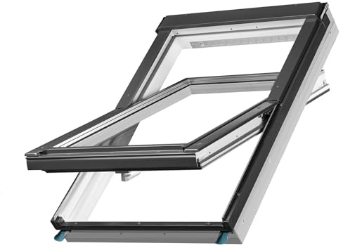 Dachfenster Set für FAKRO | Kunststoff Schwingfenster 66 x 98 cm | Fenster aus PVC mit 2-fach Verglasung und regulierbarem Lüfter | inkl. Eindeckrahmen für Ebene Ziegel (bis 45 mm)