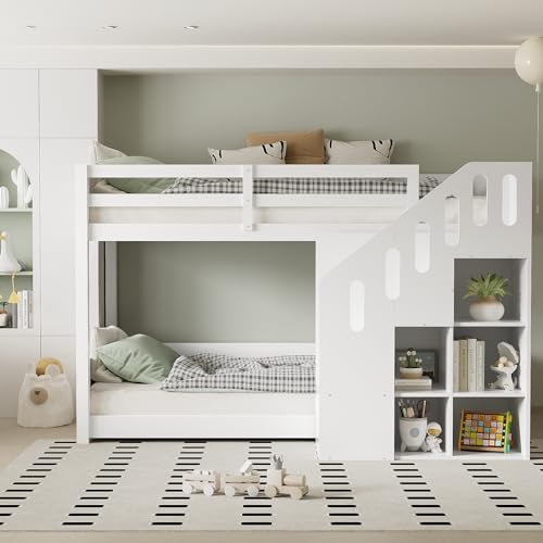YESGIGA Lit superposé pour enfant, lit double, multifonction, avec escaliers et casiers, rampe stable