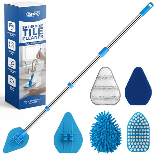 ZENO Shower Cleaner Tool 120CM | Bathroom Tile Cleaner with 4 Replaceable Heads | Long Handle Bath Cleaner Brush | Multi Surface Wall Mop and Bathroom Scrubber Cleaning Tool