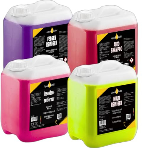 Liquid Outlet Reinigungsset – Autoshampoo, Felgenreiniger, Insektenentferner & Multireiniger je 5L Konzentrat – Für Lack, Felgen, Innenraum & Polster – Auch für Nasssauger & Blowguns