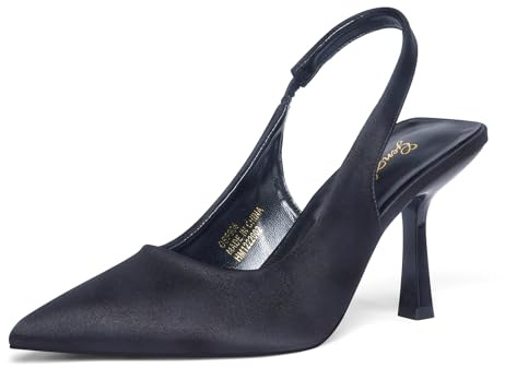 GENSHUO Women's Slingback Kitten Heel Pointed Closed Toe Stiletto Pumps Sling Backs Wedding Party Dress Shoes Black Satin Size 7.5
