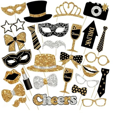 30pcs Black and Gold Photo Booth Props Kit, Photo Booth Props, Black and Gold Party Decorations, Fun Party Accessories with Moustaches, Lipsticks, Ties, and Glasses, For Birthday, Wedding Celebrations