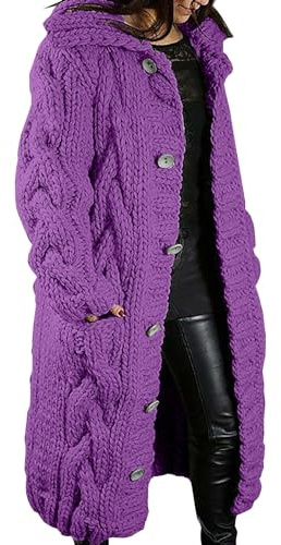 Women's Cardigans, Longline Chunky Knitted Cardigan, Warm Cable Knit Button Down Hooded Sweater Coat with Pockets, Oversized Cardigans for Women
