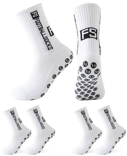 Betrynidil 3 Paires Chaussette Foot,Chaussette Antidérapante Foot,38-45 Football Socks,pour Football Basket Tennis Rugby Yoga Trekking (3 Paires Blanc)
