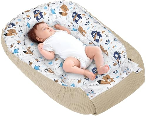 Medi Partners Riduttore Lettino Neonato - 100x60x15 Nido Antisoffoco Neonati Bozzolo Culla per Bebè neonata bilaterale Cuscino 100% Cotone Waffle (Boho con Waffle marrone)