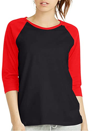 Women 3/4 Sleeve Baseball Tee - Raglan Shirts Jersey Tops Quarter Sleeve Shirt Tees, Black/Red, L