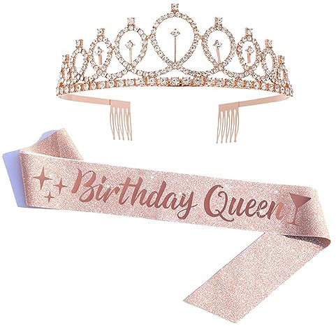 Corona Cristallo Cintura, Cintura Compleanno Corona Diadema, Corona Compleanno Set, Cerchietto Compleanno, Adatto Per Feste Di Compleanno, Raduni, Spose, Damigelle d'Onore Vestire, Oro Rosa