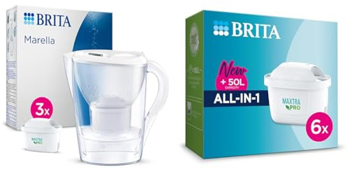 BRITA Marella Water Filter Jug Starter Pack - White (2.4 Litre) & MAXTRA PRO All In One Water Filter Cartridge,Pack of 6 - Original BRITA refill reducing impurities, chlorine, pesticides