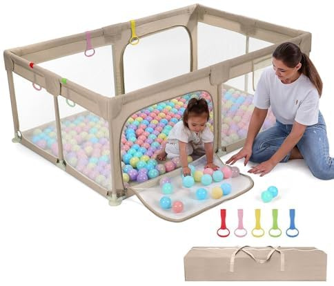 Dripex Laufgitter für Babys, Laufstall mit atmungsaktivem Netz, Spielgitter für Babys, 5 Laufgitterringe, 120 x 180 cm, Braun