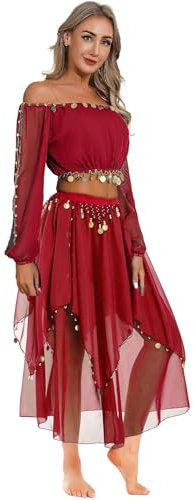 Yruioon Disfraz de danza del vientre para mujer, manga larga, con falda de gasa, vestido de danza del vientre, ropa de danza india, rojo, Talla única