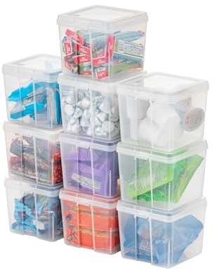 IRIS USA Vertical Plastic Flip Top Storage Containers Bins with Lids for Pantry, Home, Office, Organization, Small, Stackable Hinged Organizer with Latches, Clear, 10 Pack