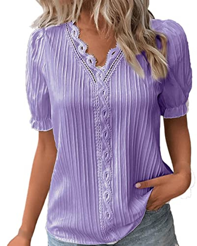 Camicia da donna elegante per occasioni speciali, a maniche corte, curvy, con pizzo, scollo a V, top elegante, taglie grandi, bluse estive da donna, tinta unita, casual, camicia in pizzo, cerimonia