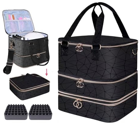 Nail Polish Organizer Case,3 Layer Nail Polish Organizer Bag Holds 84 Bottles (15ml/0.5 fl.oz) Nail Supplies Organizer,Nail Bag PU Leather Nail Carrying Nail Kit Supplies Organizer Case (Black)