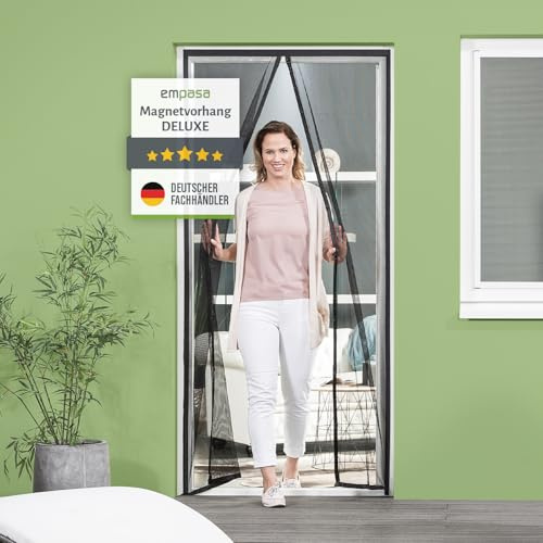 empasa Fliegengitter Tür Magnet Fliegenvorhang DELUXE Insektenschutz für Terrassen- und Balkontür, 26 starke Magnete, selbstschließend, Farbe:Insektenschutz | schwarz, Größe:90 x 210 cm
