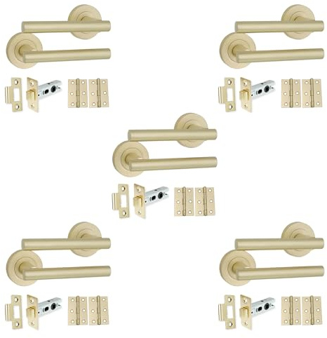 Infinity Decor Pack of 5 Pair Satin Brass T-Bar Lever Door Handle on Rose with Tubular Latch and Hinges Set Pull Handles for Interior and Exterior use