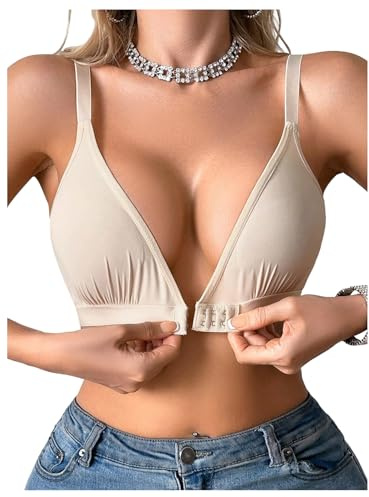 OYOANGLE Women's Front Closure Triangle Bralettes Comfortable Wireless Bra Soft No Padding Bras Apricot Medium
