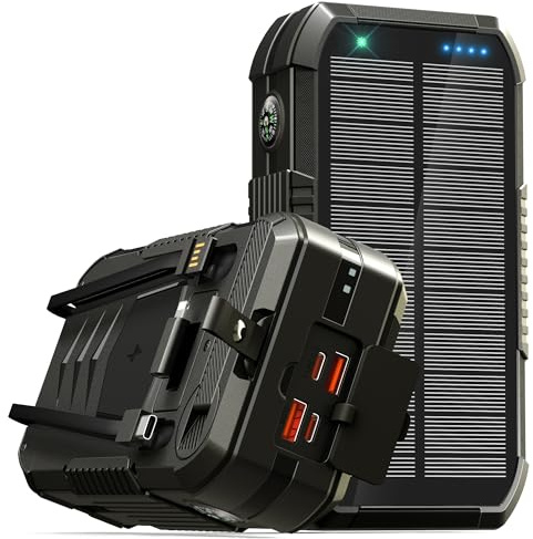 Power Bank Solare 70000 mAh: PD 30 W USB C Power Bank Ricarica Rapida con 2 cavo integrato, 15W Ricarica Wireless, Manovella, Spie luminose a LED, Torcia, Batterie Esterne per Cellulare