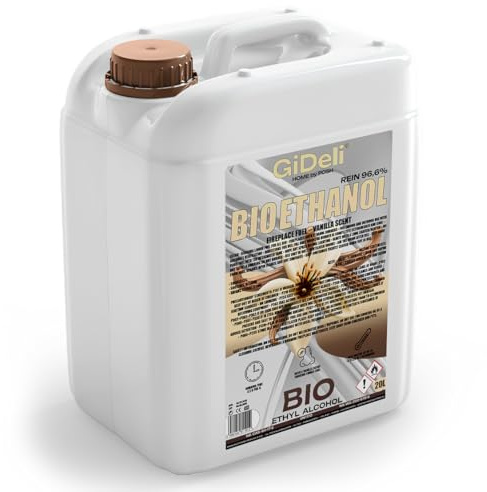 GiDeli Bioetanolo 20 l profumo di vaniglia 96,6% etanolo per camini interni ed esterni, senza fumo e fuliggine, da mais e barbabietola da zucchero