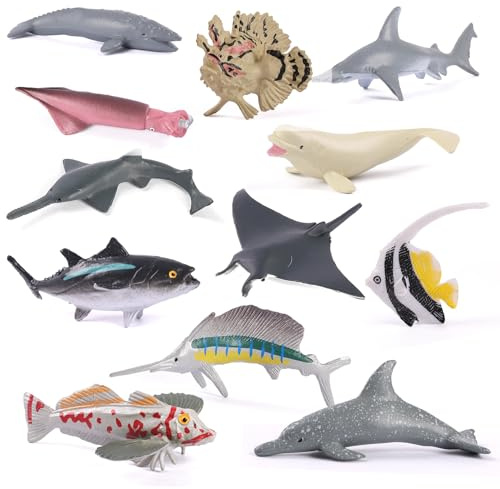 Maxmoc 12pcs Sea Animals Toys for Kids,Mini Animal Toys Plastic Realistic with shark, Dolphin, swordfish, Lionfish, tuna, Squid,Sea Creatures Toy Set for Tollders Children for 2 3 4 5 6 7 Year Olds