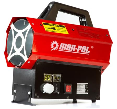 Riscaldatore gas 30kW con tubo 1,5 m e riduttore, struttura metallica resistente, accensione rapida, aria calda pulita, ideale per cantieri, magazzini e spazi ben ventilati, con termostato