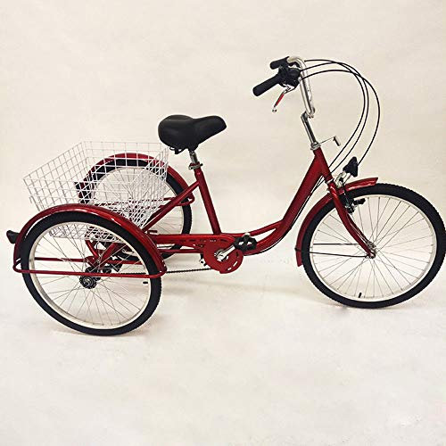 Jintaihua 24 Erwachsenendreirad Dreirad Senioren + Licht +Korb 6 Geschwindigkeit Tricycle (Rotes Dreirad mit Lichtern)