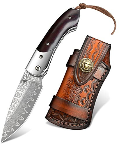 NedFoss SWORDFISH couteau pliant damas, couteau pliant de poche Damas, à une main, Poignées en bois, Étui en cuir fin, Idéal pour collectionner, offrir, chasser,Couteau de poche Damas forgé à la main