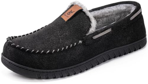 VeraCosy Men's Classic Moccasin Slippers Soft Faux Suede Memory Foam Closed-back Indoor House Shoes Black, 8 UK
