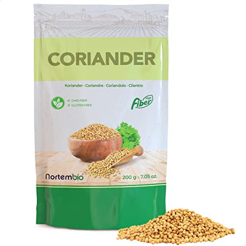 Nortembio Graines de Coriandre 200 g. Origine 100% Naturel. Graines de Coriendre Entiers sans Additifs ni Conservateurs, Végetaliennes et sans Gluten. Emballage Hermétique avec Ferneture Zip.