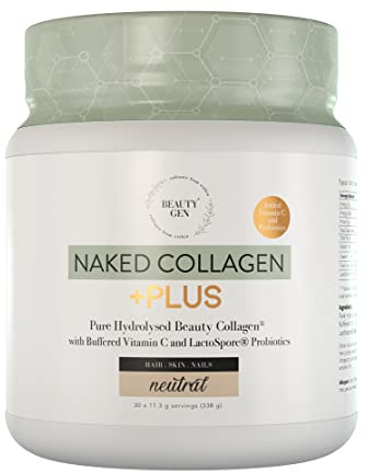 Beauty Gen Naked + Plus kollagenpulver för kvinnor, kollagenpeptider pulver glutenfri typ 1 och 111 C-vitamin och probiotika 338 g icke-GMO utan smak