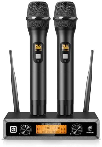 TONOR Micrófono Inalámbrico Dual Sistema de Micrófono Inalámbrico de Mano Profesional UHF, Set KTV Hogar para Karaoke, DJ, Fiesta, 60 Metros, TW820, Negro