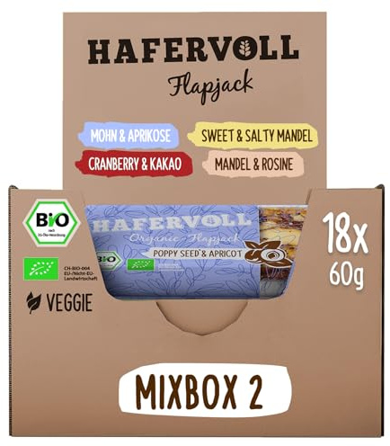 HAFERVOLL neue Organic Mixbox, 4 Flapjack-Sorten mit einer veganen Sorte, 18 x 60g Bio-Müsliriegel, Bio-zertifiziert, Almond & Raisin, Poppy Seed & Apricot, Sweet & Salty Almond, Cranberry & Cacoa Nib