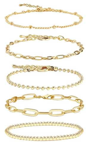CYWQ 14K Gold Chain Bracelet Sets for Women Girls Dainty Gold Paperclip Link Bead Bracelet Layered Metal Link Bracelet Fashion Jewelry