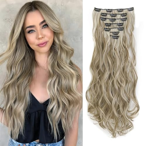 Dcbaboo Clip in Extensions Haarverlängerung Haarteil Wellige 7 Teiliges 50cm Hair Extensions Clip in Haarextension Gewellte wie Echthaar Günstig Synthetisch Haar Locken Lange, Goldbraun & Bleichblond