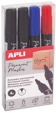 APLI 19685-4 pennarelli permanenti a punta tonda da da 3 mm, 2 neri, 1 blu, 1 rosso, multisuperficie.