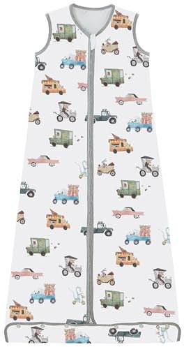 Chilsuessy Kinder Sommer Schlafsack 0.5 Tog Baby Sommerschlafsack aus 100% Baumwolle, Einstellbare Länge, Ärmellos Schlafanzug für Jungen und Mädchen, Bunte Autos, 110cm/Baby Höhe 100-120cm