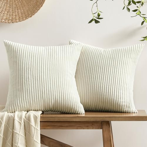 Softalker Kissenbezug 50x50 Beige Weiß Cord weich und flauschig 2er Set mit Streifenmuster Kissenhüllen Sofakissenbezüge Cushion Covers Modern Deko für Sofa Bett Wohnzimmmer Schlafzimmer Weihnachten