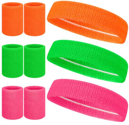 taonganui 9 Stück 80s Sportstirnband mit Armband Schweißband Set Neon 3 Farben Vintage Mottoparty Sport Schweißbänder Baumwolle Saugfähige für 80er Jahre Thema Party Fasching & Karneval