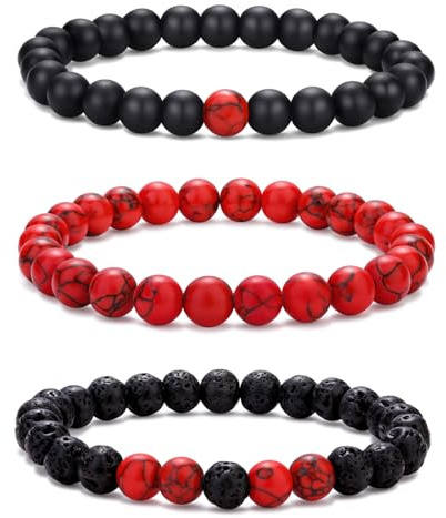 RANKEEF Mens Beaded Bracelets Lightweight 8mm Natural Stone Bracelet for Men Bead Bracelets Set Various Black Beaded Bracelet Red Bracelet for Men Adjustable Stretch Men Bracelets Lava Rock Bracelets
