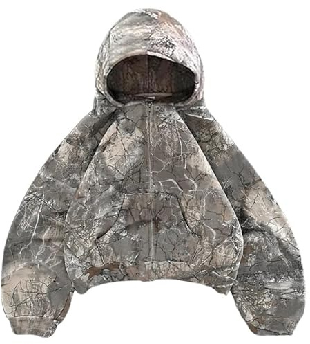 Felpa con Cappuccio Mimetica con Zip Y2k Oversize Graphic Hoodies Emo Vestiti Vintage 2000 Felpe Grunge Giacche Streetwear, Marrone, Medium