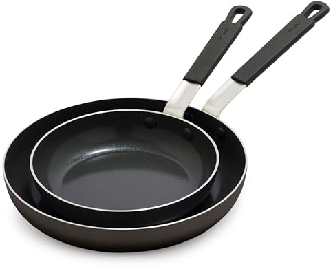 Greenpan x Bobby Flay 2 Piece- 8” and 10” Nonstick Frying Pan Skillet Set, PFAS-Free Diamond Ceramic, Induction Suitable, Stay-Cool Silicone Handle, Easy Clean Dishwasher & Oven Safe, Black
