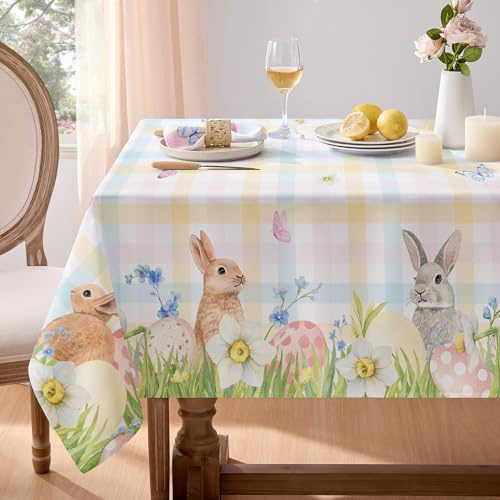 Softalker Mantel de Pascua 140x240 cm Rectangular con Motivos de Huevos de Pascua, Conejos y Flores primaverales Mantel a Cuadros Coloridos para Exterior,Comedor,Cocina,Cumpleaños,Festivos, 1 Pieza