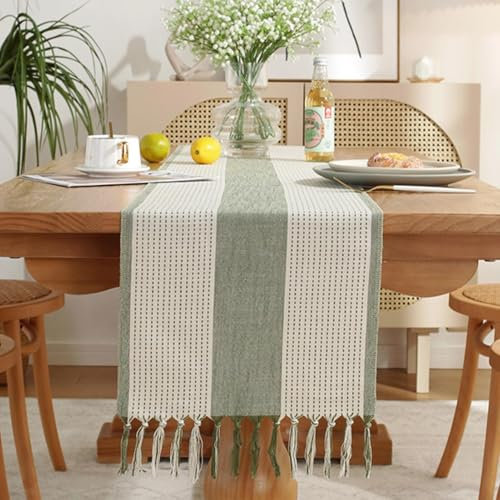 33x187 cm Tischläufer Boho, Grün Landhausstil Quasten Tischläufer, Modern Table Runne, Waschbar Tisch Dekoration, Polyester Tischläufer für Hochzeitsdeko, Tischdeko, Parties, Weihnachten