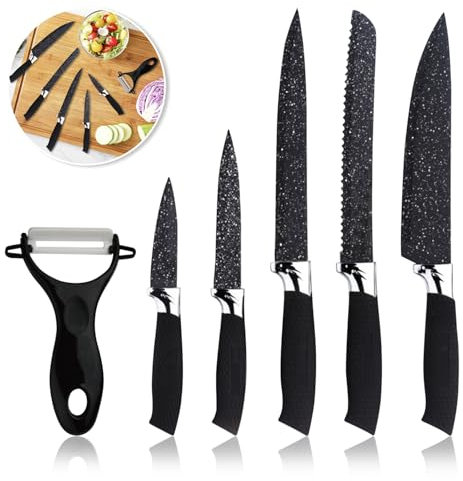 Royomal Keramikmesser Set 6-Teilig, Messerset, 5 x Edelstahl Küchenmesser und 1x Keramik Gemüseschäler, Fleischmesser Brotmesser, Keramik Küchenmesser, zum Schneiden Obst Gemüse Fleisch (Schwarz)