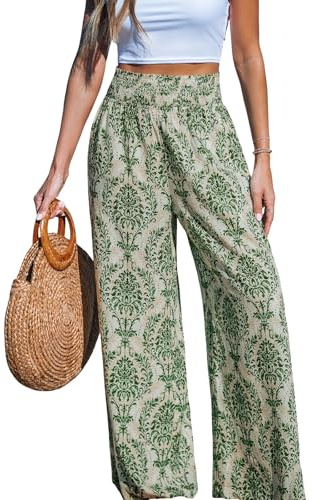CUPSHE Womens Trousers Wide Leg Elastic High Waisted Beach Trousers Cotton Linen Summer Palazzo Pants Green L