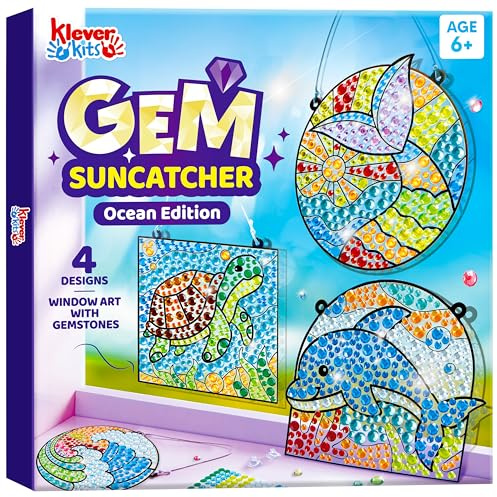 Klever Kits Suncatcher Fenster Bastelsets für Kinder,Geschenke für Mädchen 6 7 8 9 10 11 12 Jahre,DIY Diamant Malset Spielzeug,Basteln Mädchen Painting Set,Kreative Ozean Geschenke(4 Themen)