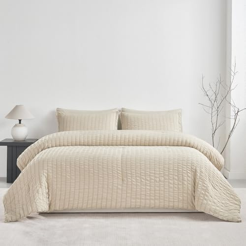 UJNHGQ Seersucker Comforter Set with Sheets, Fluffy Bed in a Bag 7-Pieces, Pillow Sham, Flat Sheet, Fitted Sheet, Pillowcases,Cream Grey,Twin